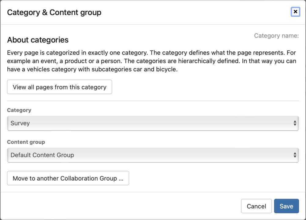 Set category & content group dialog