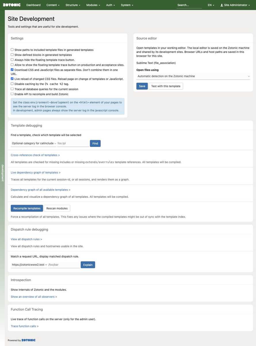 The Development page with settings, source editor, template and dispatch debugging, introspection, and function call tracing.