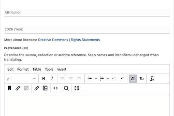 The expanded copyright admin panel with license, attribution, year, provenance editor, and source URL fields.