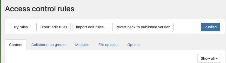 Access control toolbar with Try rules, export, import, revert, and Publish controls.