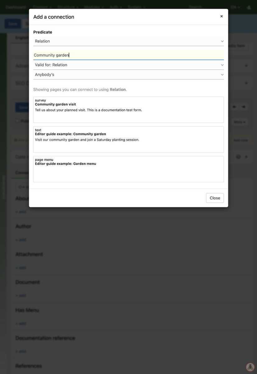 Add a connection dialog with Relation selected and matching community garden pages.