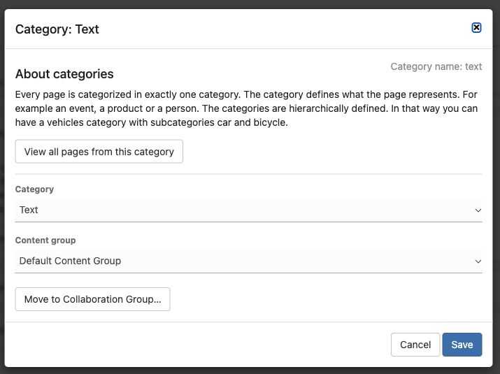 Category dialog with separate category and content-group selectors.