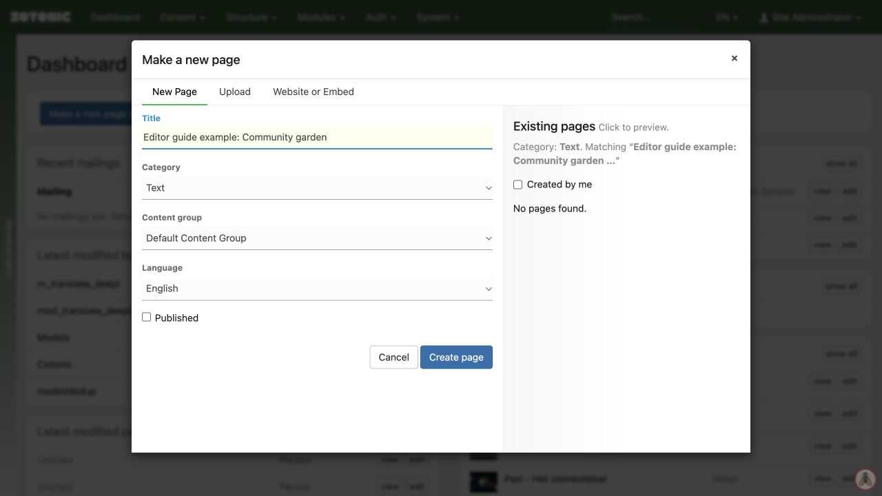 A new Text page with Published left unchecked.