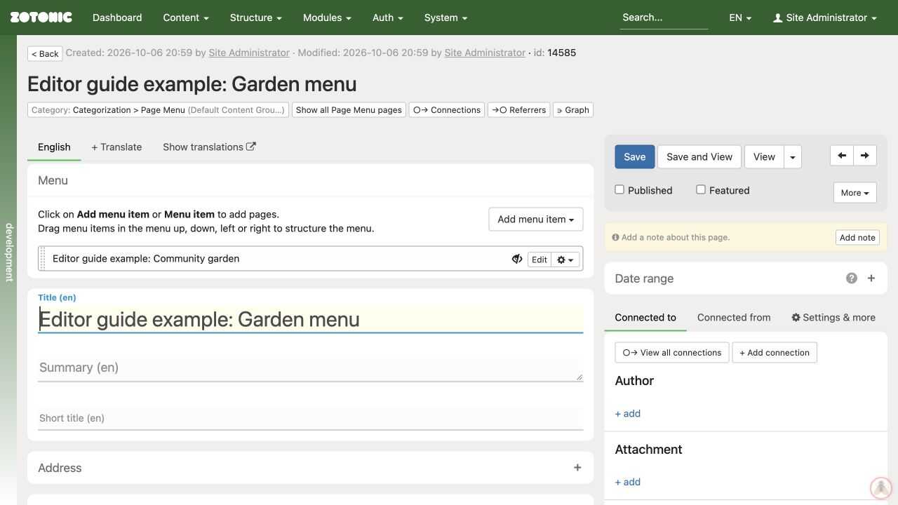 An example menu containing an unpublished page; the eye symbol marks its unpublished status.