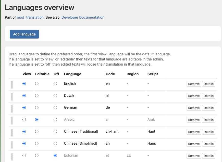 Languages overview showing View, Editable, and Off choices and the drag handles for ordering.