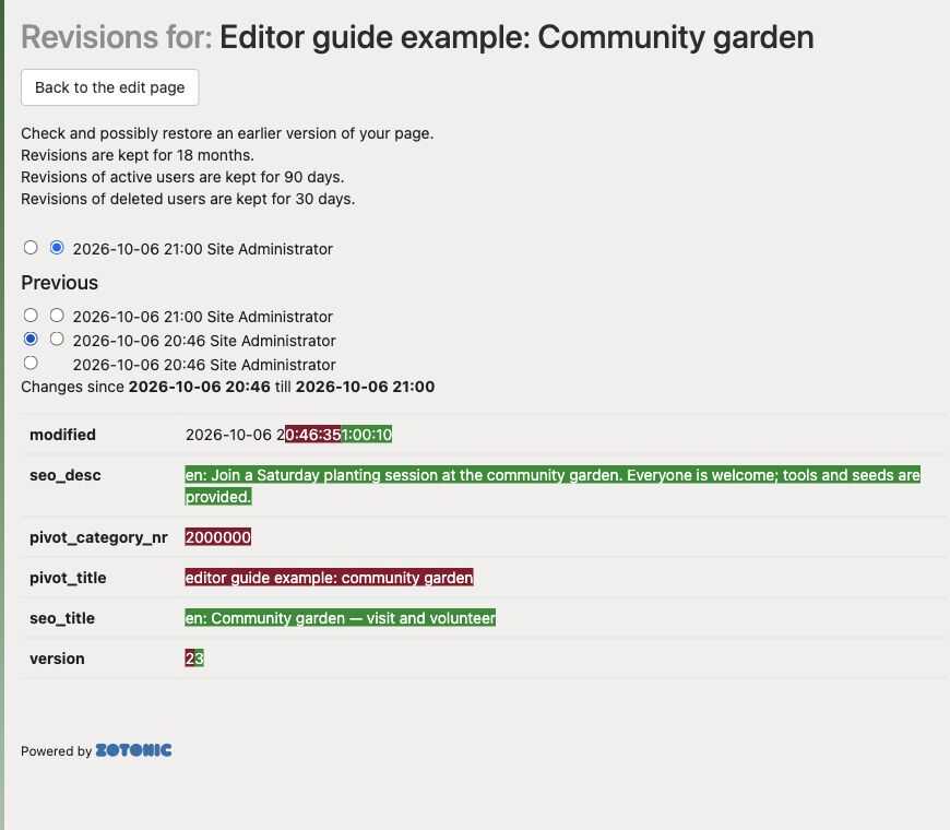 Revision comparison showing two selected dates and highlighted changes to the sample page.
