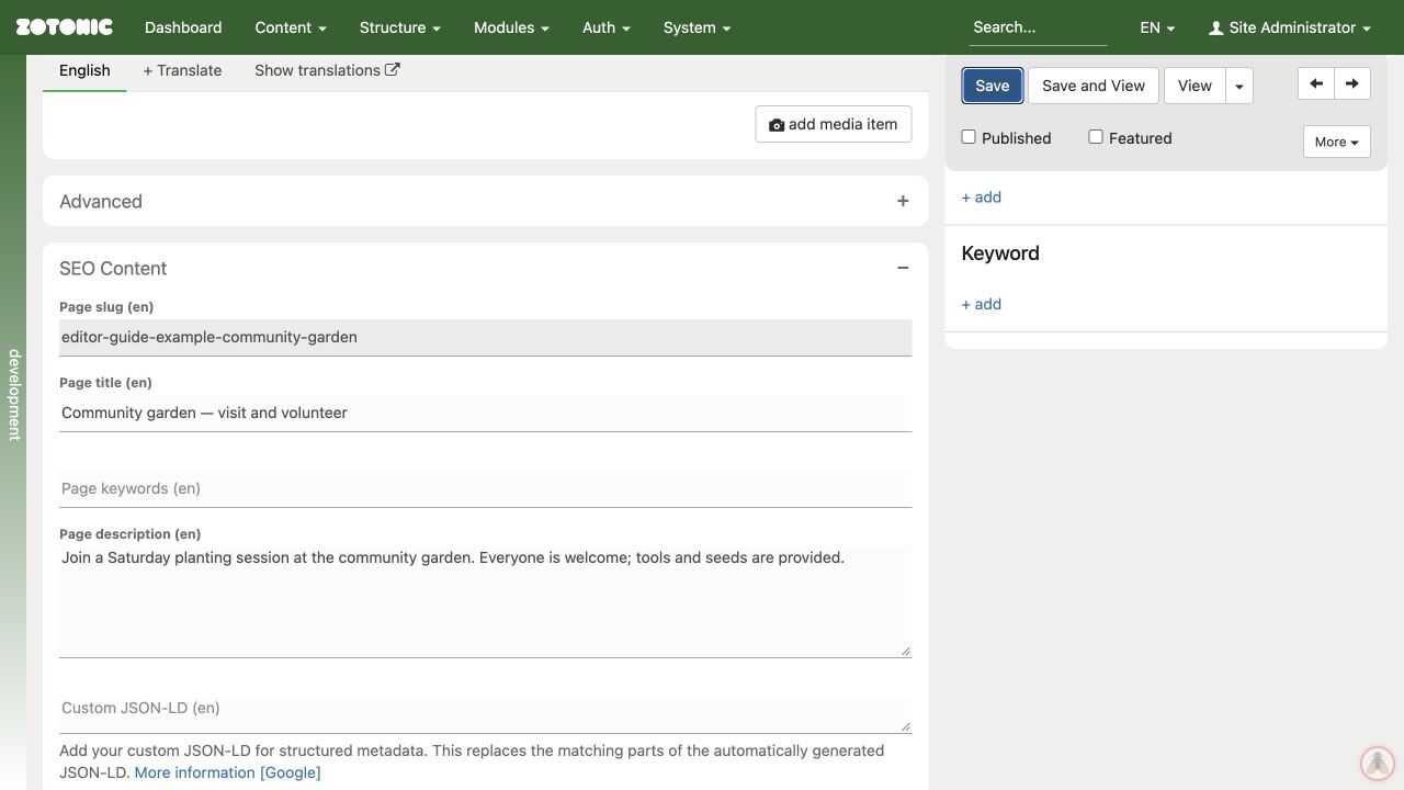 Page-level SEO title and description for the example page.