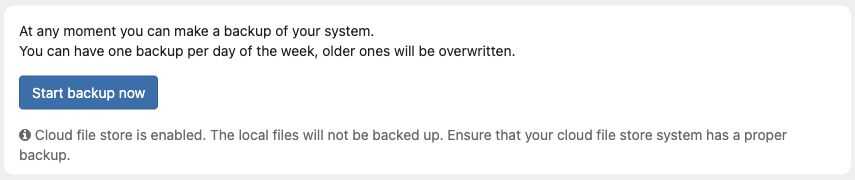 Start backup now button and warning that cloud-stored files are excluded from the local backup.