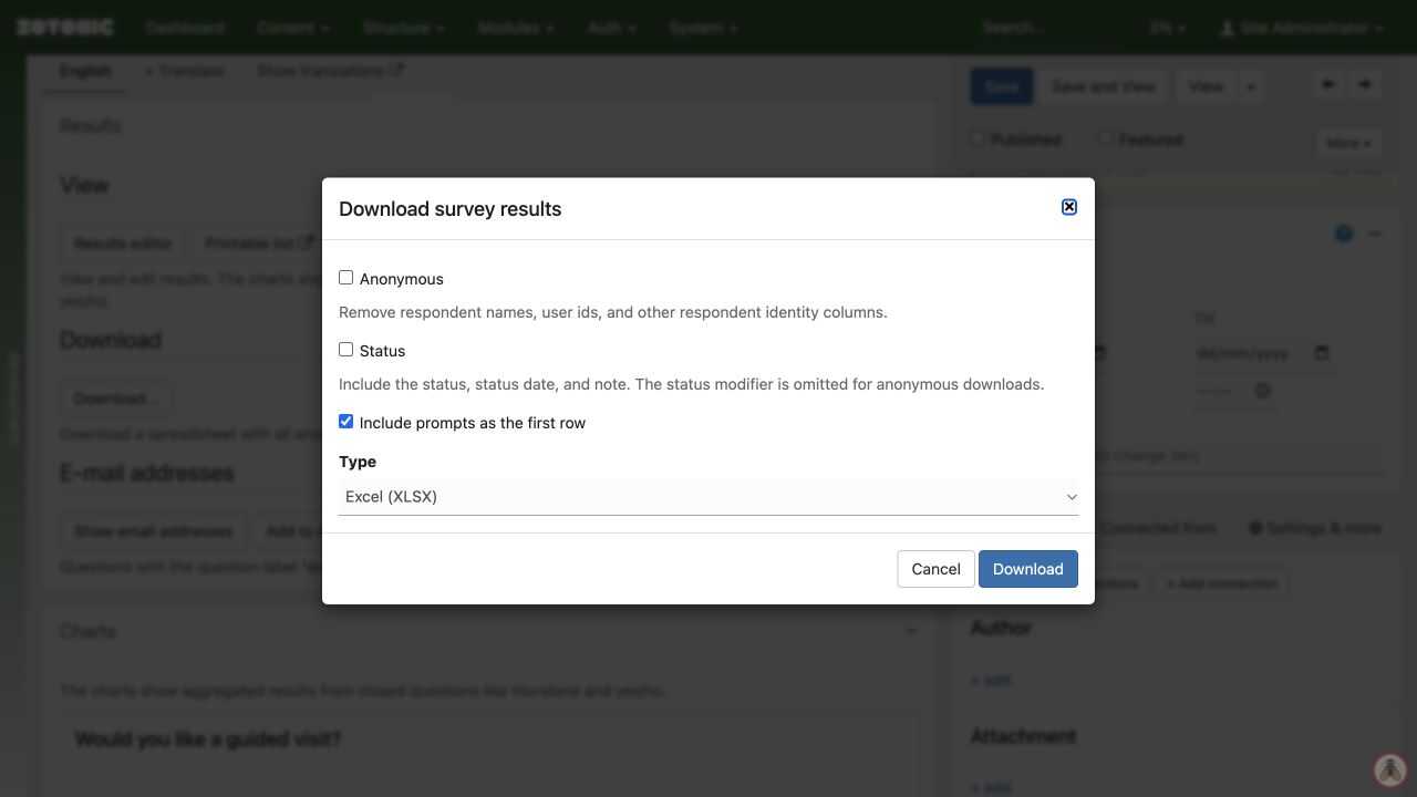 The survey export dialog with Anonymous, Status, prompt-row, and file-type choices.