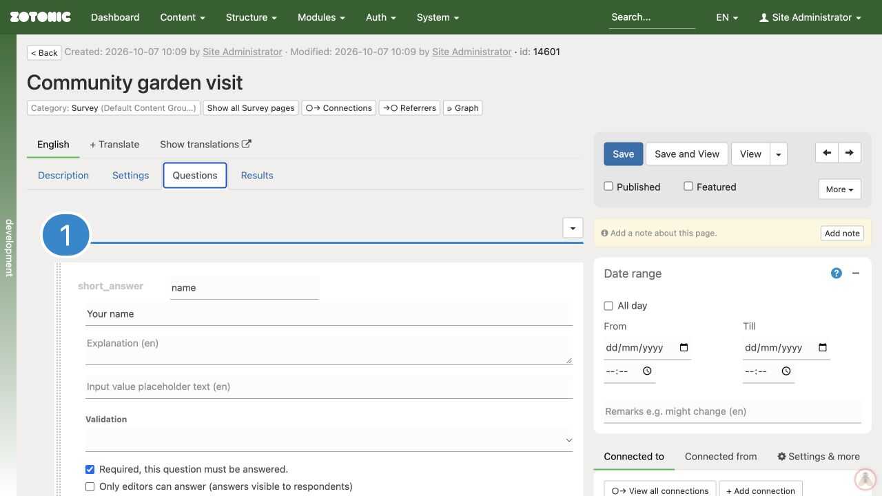 The Questions tab showing a named short-answer question, its prompt, validation, and required-answer setting.