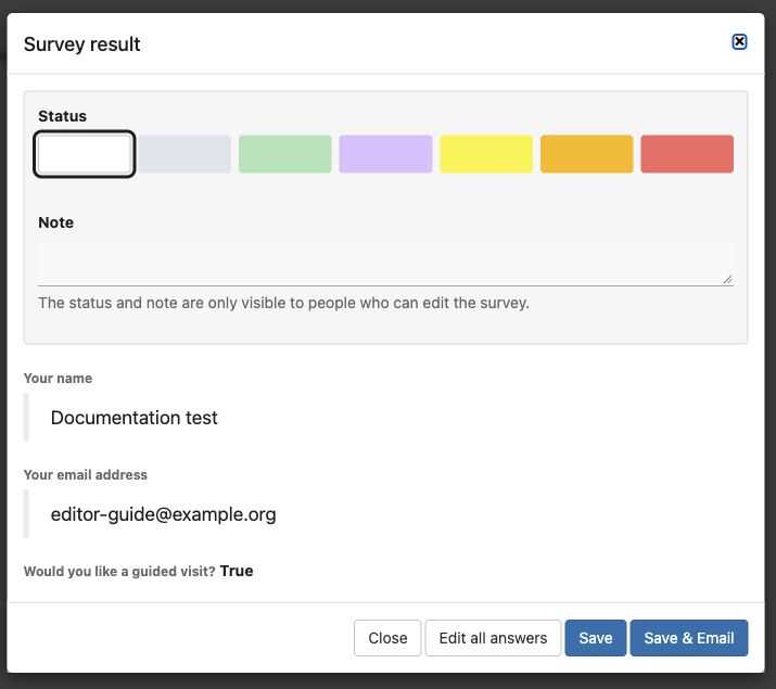 Survey response showing internal status and note, submitted answers, and save controls.