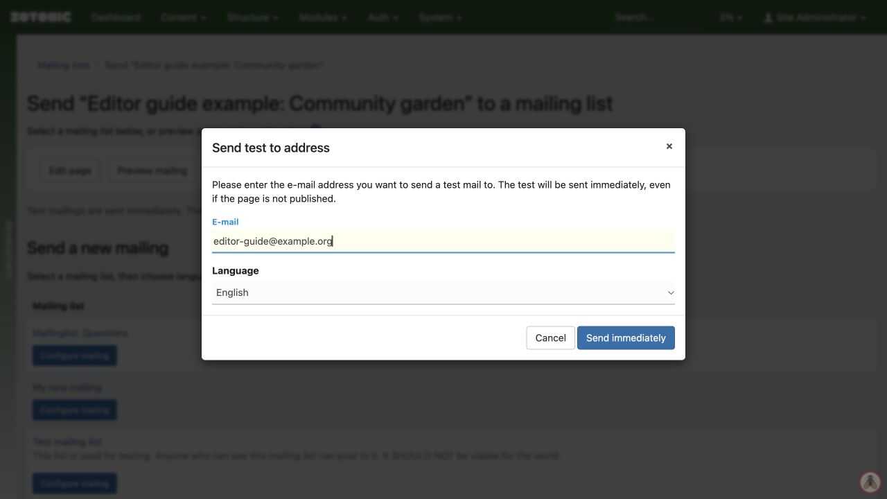 The single-address test dialog with an example email address.