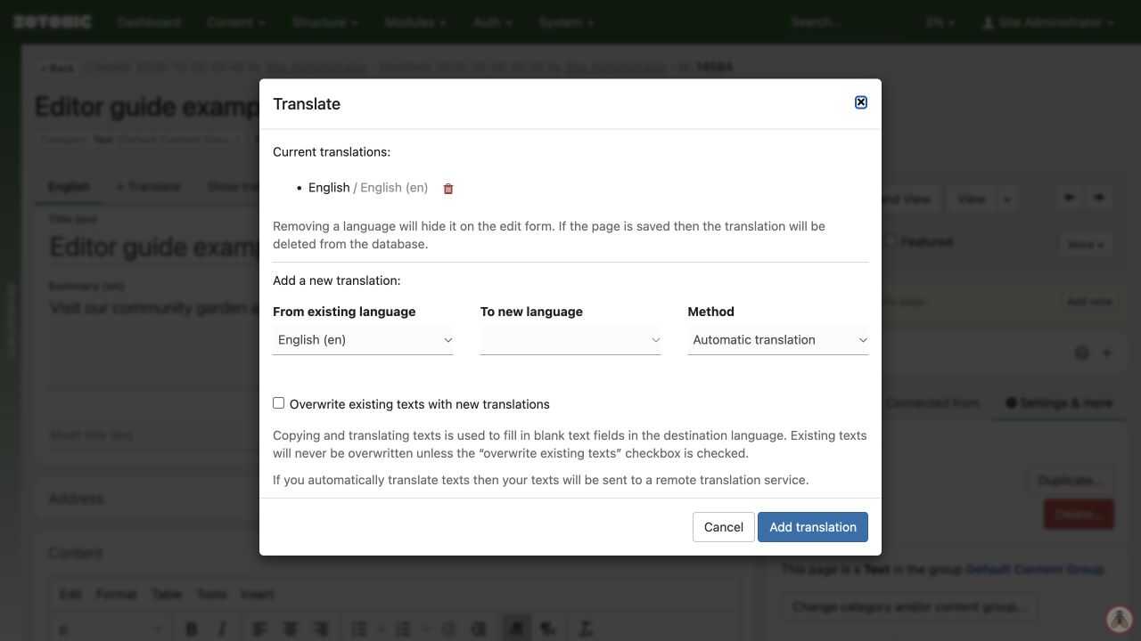The translation dialog with source, destination, method, and overwrite options.
