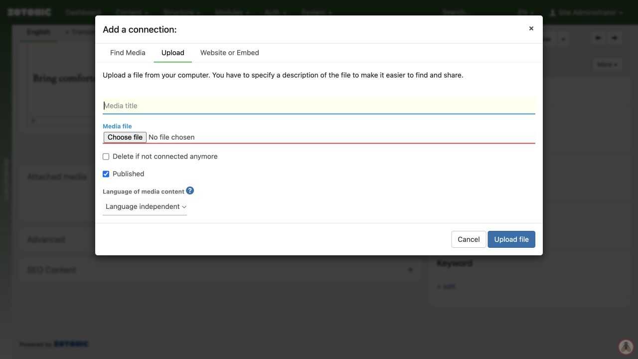 Upload dialog with a title, file selection, and media language.