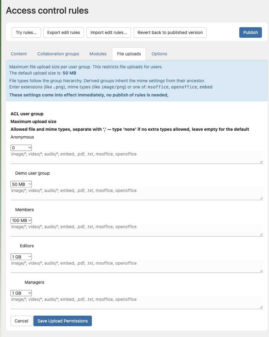 File uploads settings with limits and allowed types per group and Save Upload Permissions.